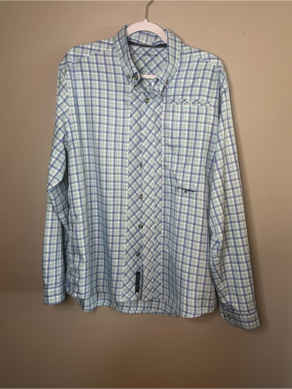 Men's Light Blue and White Plaid Button-Up Shirt